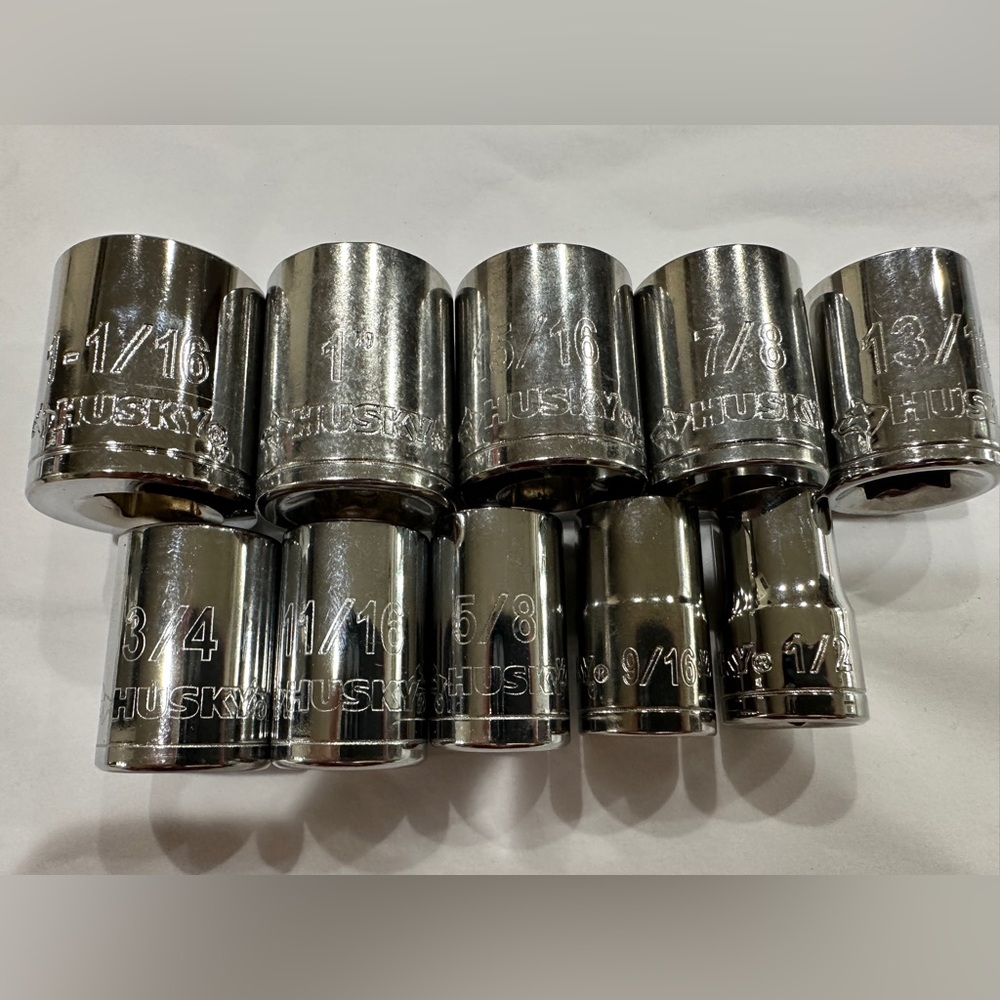 Husky brand 1/2” drive standard size 12 point sockets. New never used